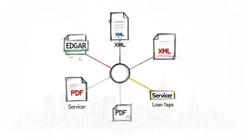 A diagram illustrating various document types like XML, PDF, and EDGAR connected to a central data processing hub.