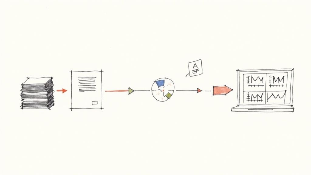 A hand-drawn diagram illustrating the conversion of paper documents into analyzed digital data on a laptop.