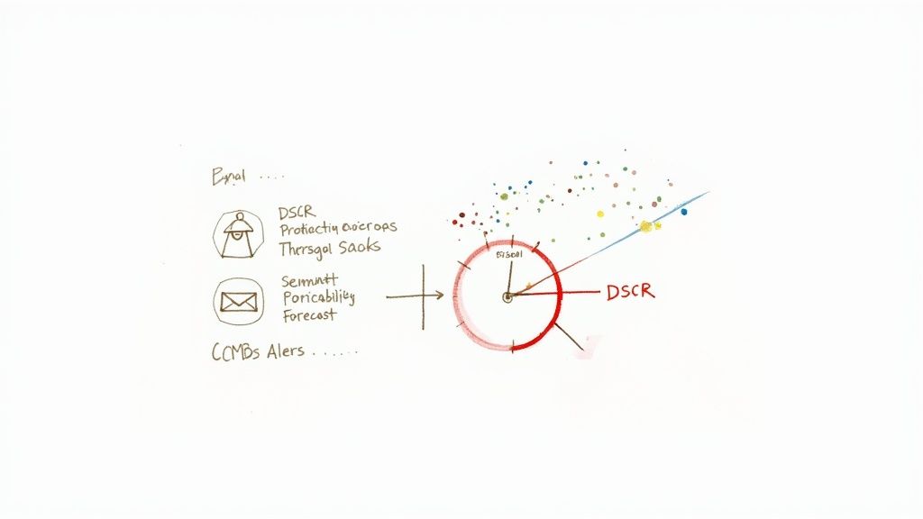 Hand-drawn conceptual diagram illustrating data analysis, alerts, and financial metrics like DSCR with a clock graphic and data points.