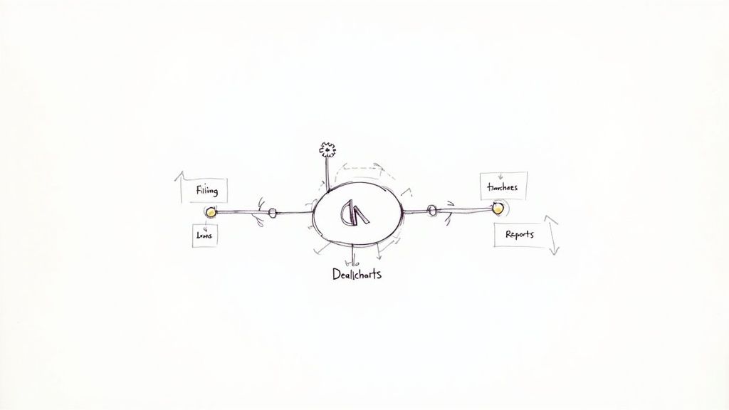 Hand-drawn diagram illustrating Dealcharts as a central system integrating filing, loans, tranches, and reports.