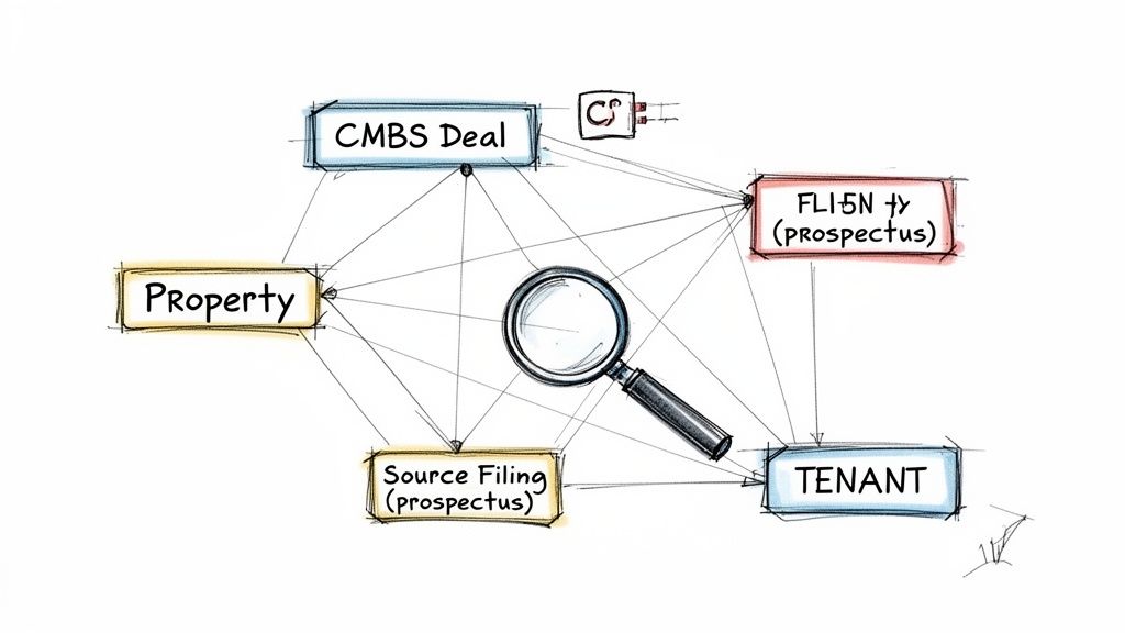 A dashboard showing interconnected data points for a CMBS deal.
