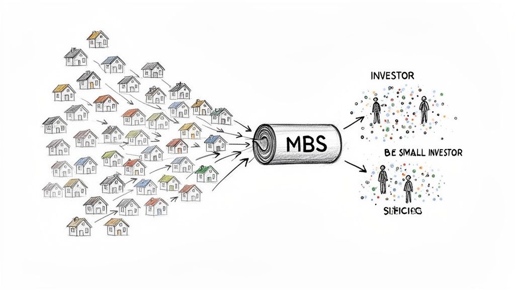 Illustration explaining mortgage-backed securities (MBS): houses pooled into a bond, then distributed to investors.
