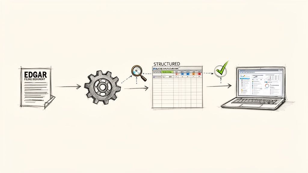 Process flow showing EDGAR document transformed into structured data and visualized on an analytics dashboard.