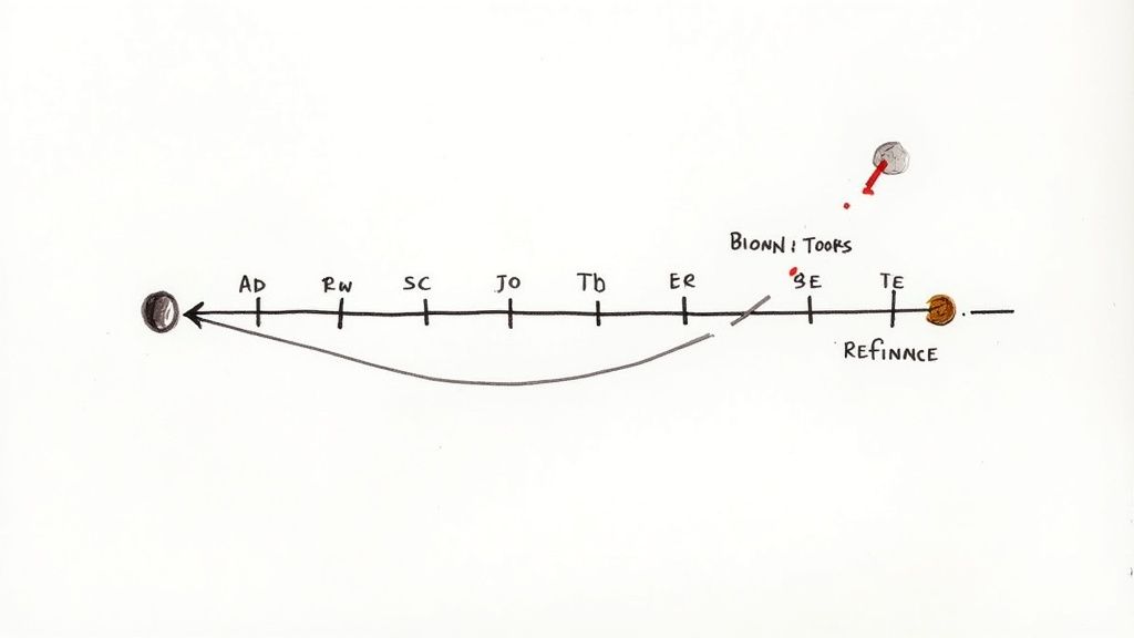 Timeline diagram showing mortgage refinancing cycle from origination through blown tools to refinance with prepayment arc