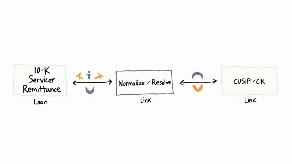 Diagram showing the process of linking 10-K servicer remittance loan data to CUSIP/CIK identifiers.