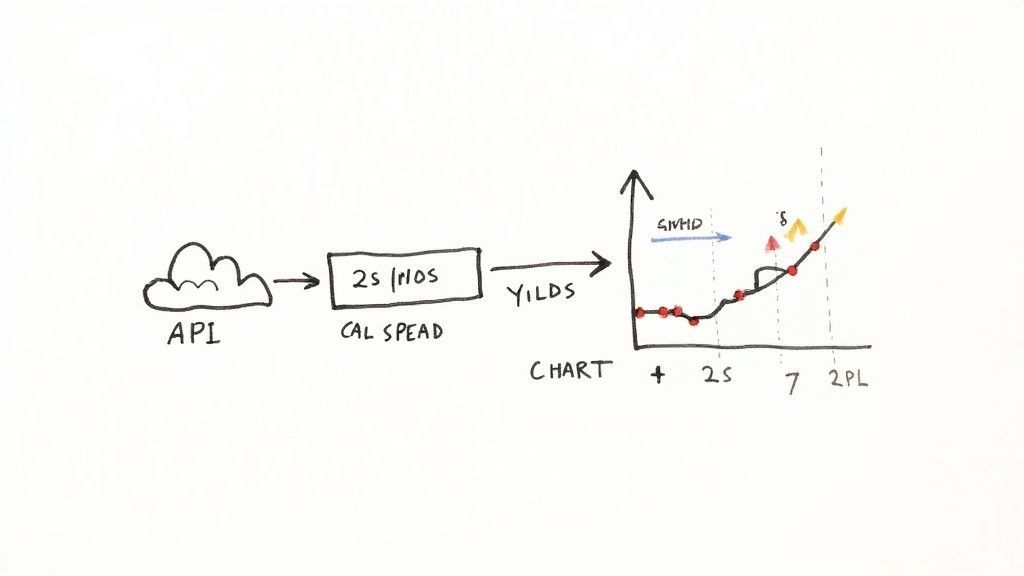 Diagram showing API data flow through CalcSpread to yield curve chart with annotations