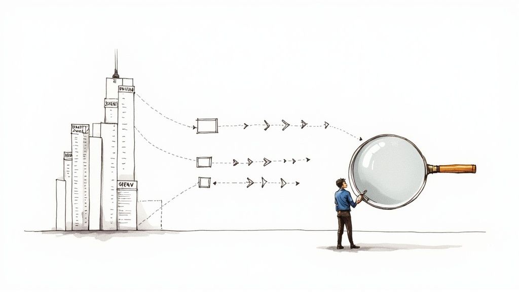 Person with magnifying glass examining alternative lending documents and building illustration representing financial scrutiny