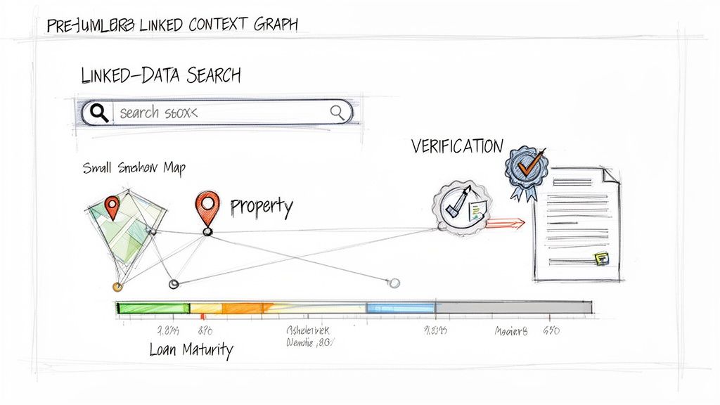 Diagram illustrating linked-data search, property verification, and loan maturity graph within a financial context.