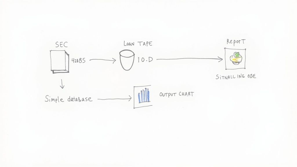 Flowchart depicting SEC documents processed into a loan tape, reports, a simple database, and an output chart.