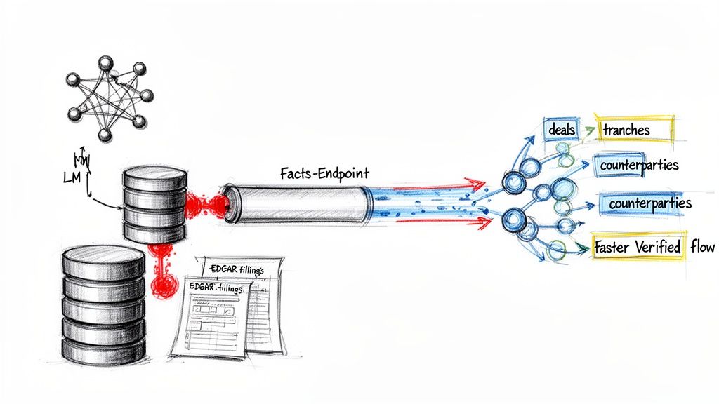 Diagram showing LLM-optimized data flow from databases and filings through a facts endpoint to verified financial insights.