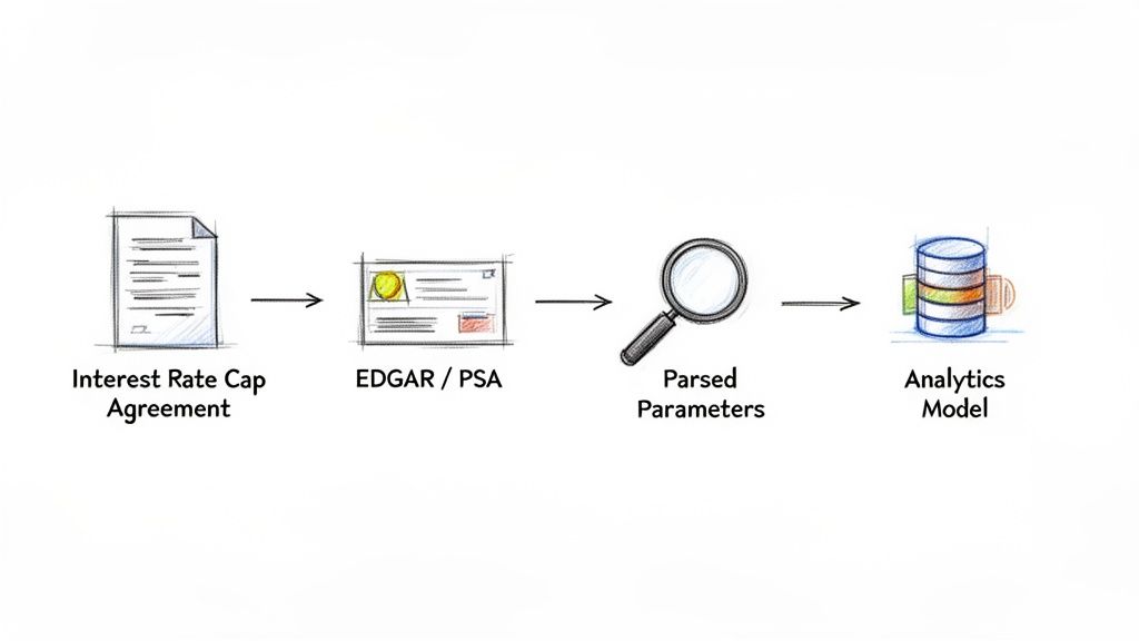 Workflow diagram showing an interest rate cap agreement processed through EDGAR/PSA, parsed for parameters, and fed into an analytics model.