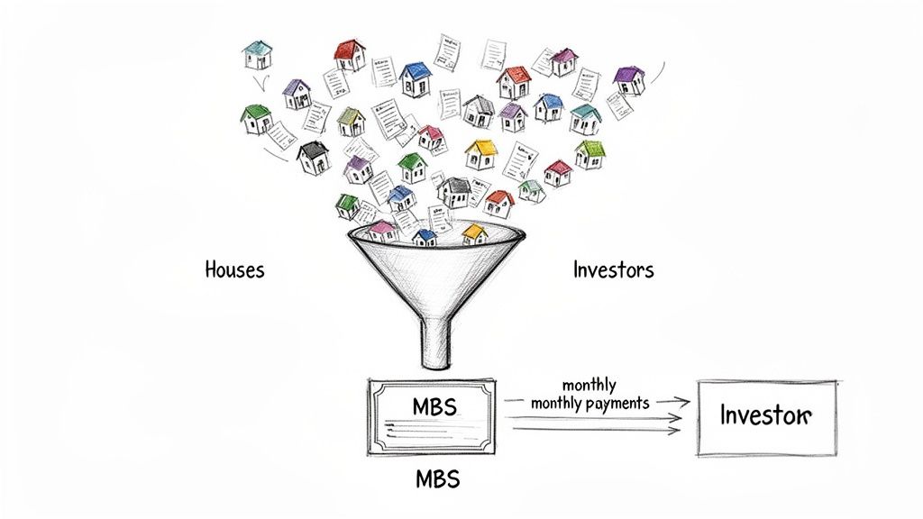 Illustration showing houses and documents funneled into MBS, which then generates monthly payments for investors.