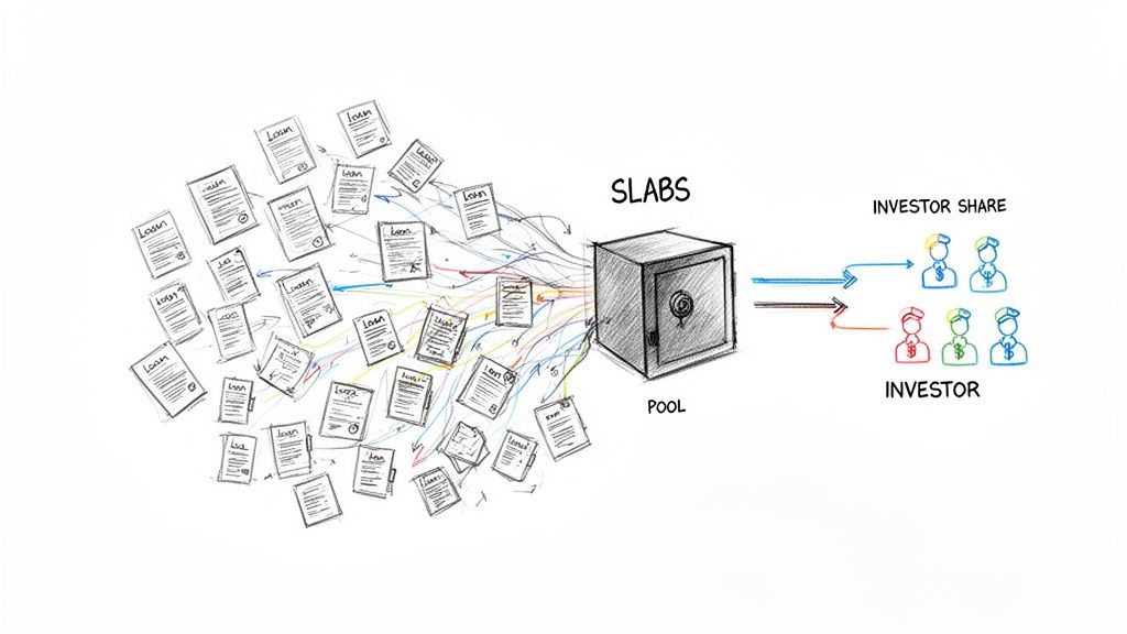 Illustration showing multiple loan documents flowing into a pool (SLABS) and distributed to investors.
