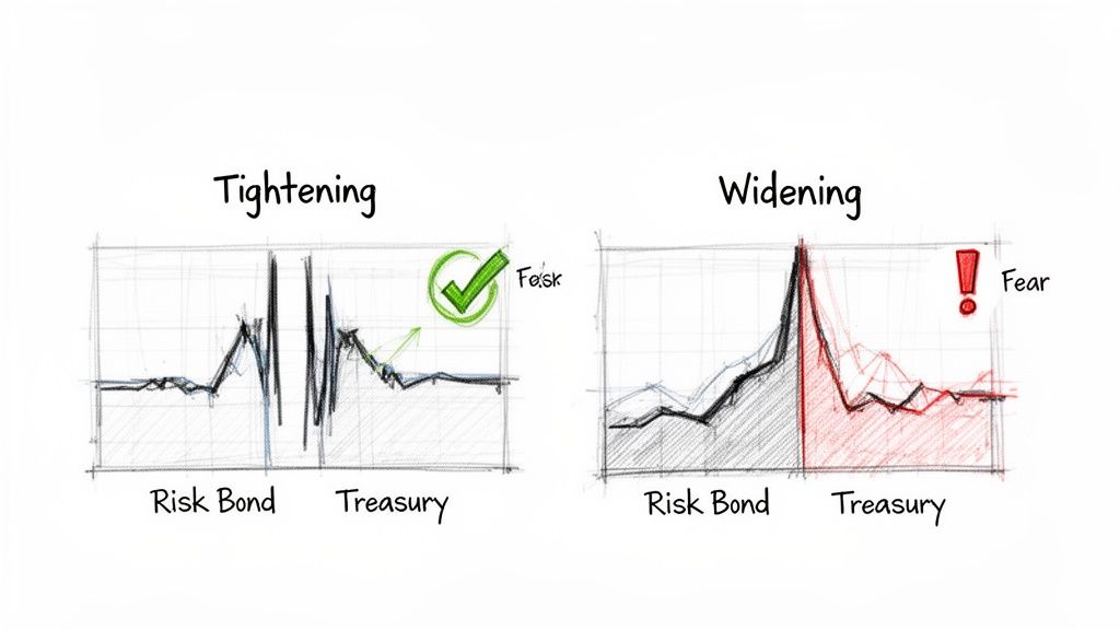 Two charts showing bond market dynamics: 'Tightening' with reduced risk and 'Widening' with increased fear.