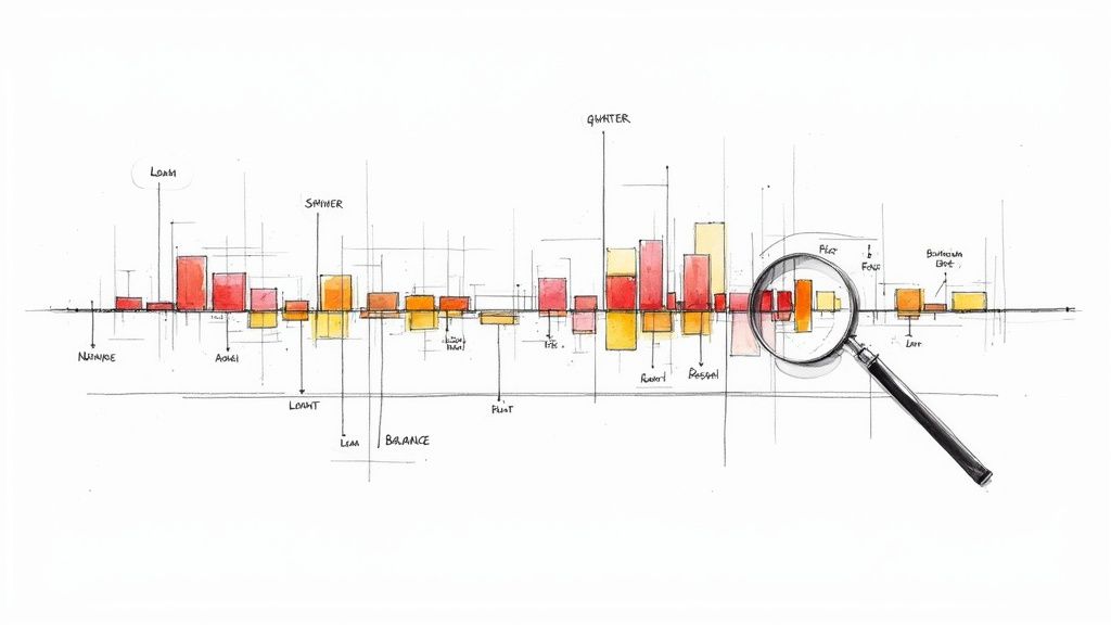 Hand-drawn bar chart illustrating data trends and concepts, with a magnifying glass highlighting a section.