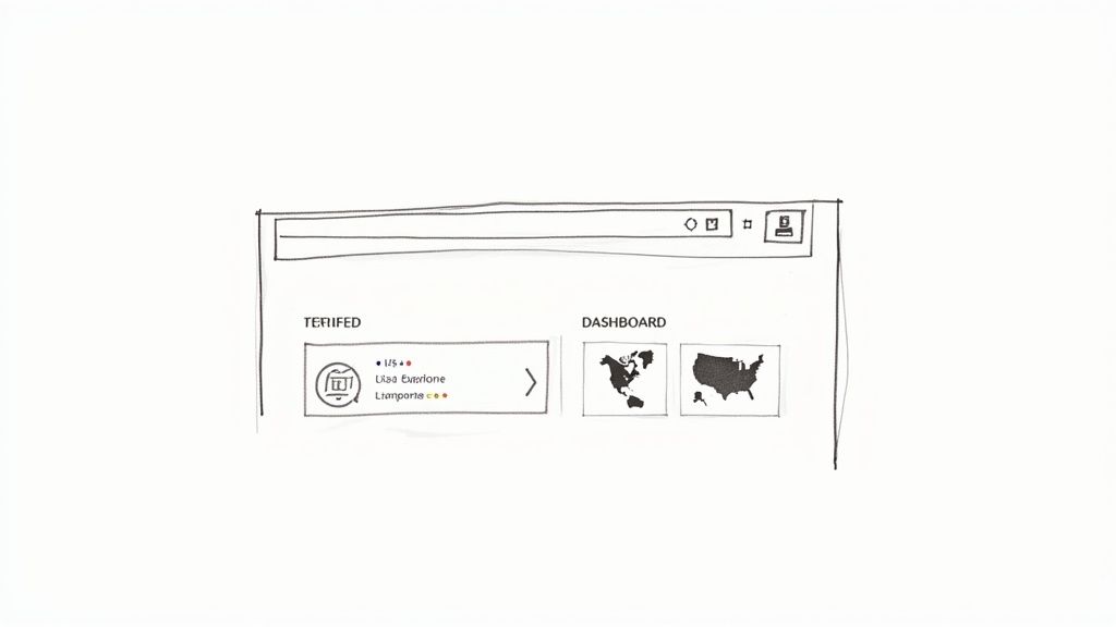 Sketch of a browser window displaying user data and two geographic maps, one of North America and one of the USA.