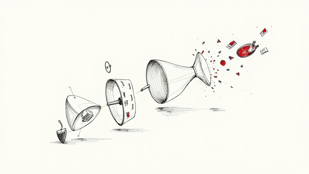 A group of business professionals in a meeting, discussing a complex financial structure on a digital tablet.