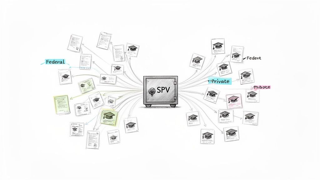 Diagram showing a SPV safe at the center, receiving student loans from federal and private sources.