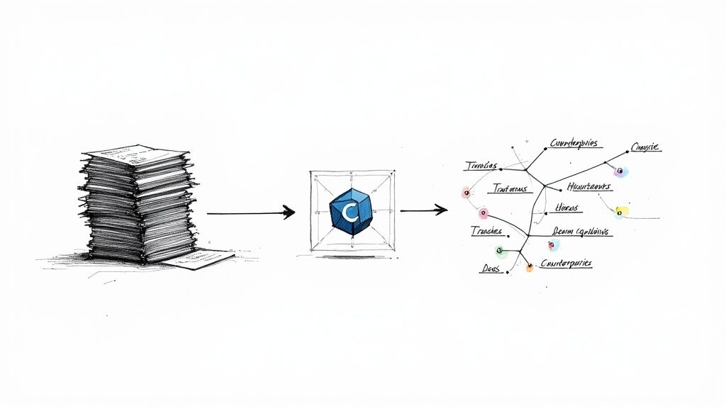 A diagram showing raw data (stack of papers) processed into a knowledge graph by a 'C' context engine.