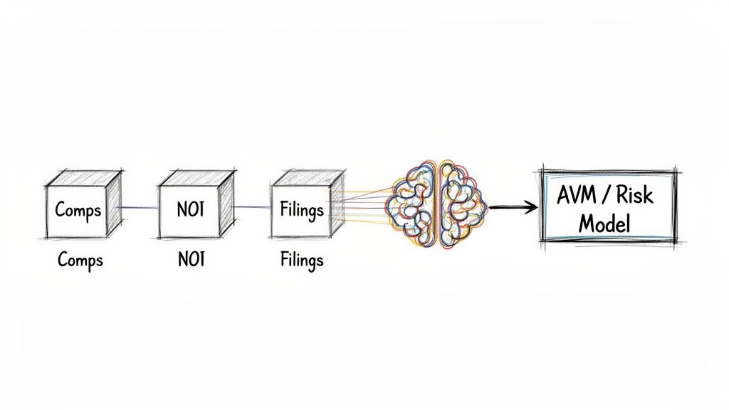 Diagram illustrating data inputs (Comps, NOI, Filings) feeding into a system that generates an AVM/Risk Model.