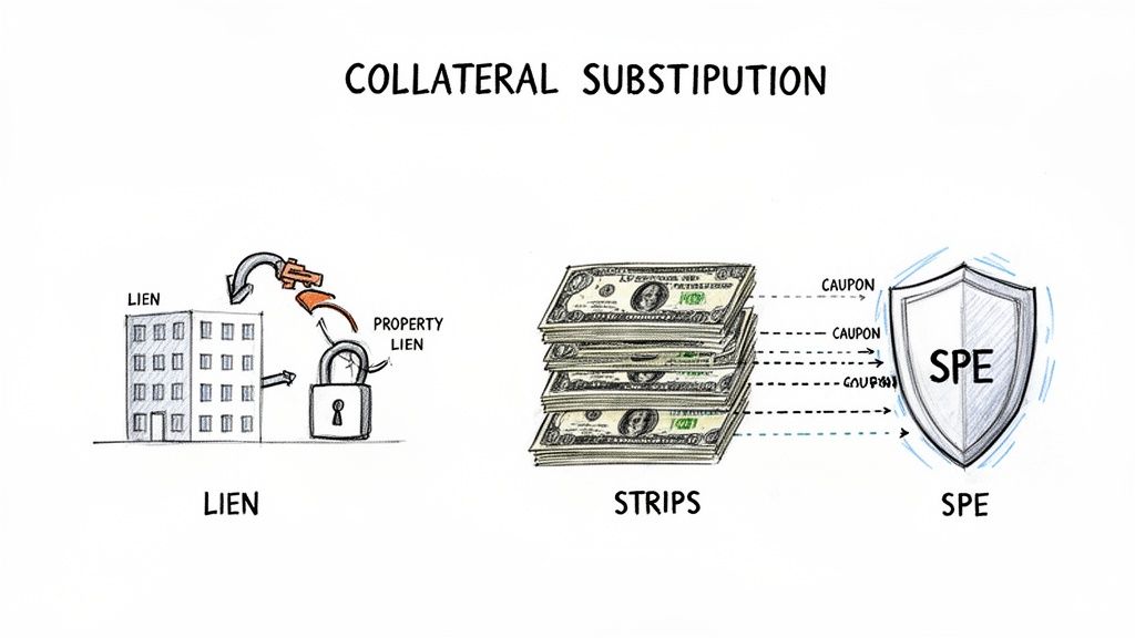 Illustration depicting collateral substitution, showing a building lien, property lien, money strips, and an SPE shield.