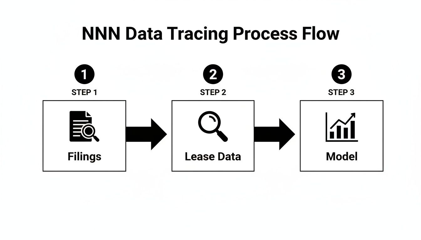A process flow diagram illustrating the NNN data tracing steps from filings to lease data and modeling.