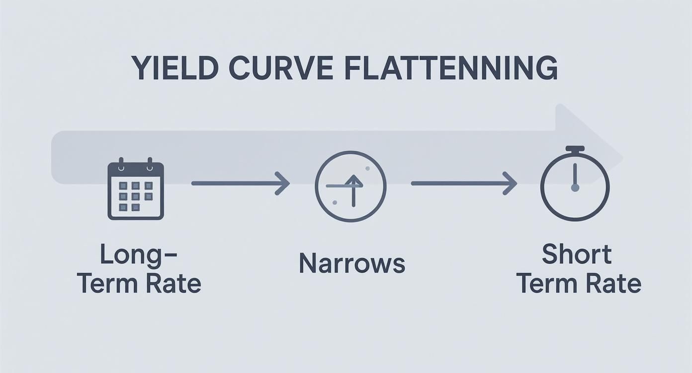 Yield curve flattening diagram showing long-term rate narrowing gap with short-term rate over time