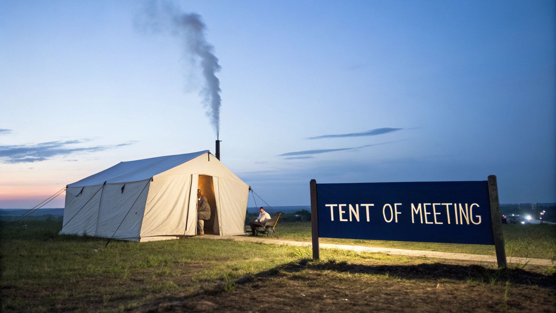 A white tent with a smoking chimney at dusk, next to a "TENT OF MEETING" sign.