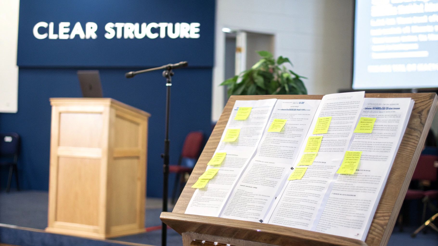 A person outlining a sermon with sticky notes on a wooden desk with a Bible and laptop nearby.