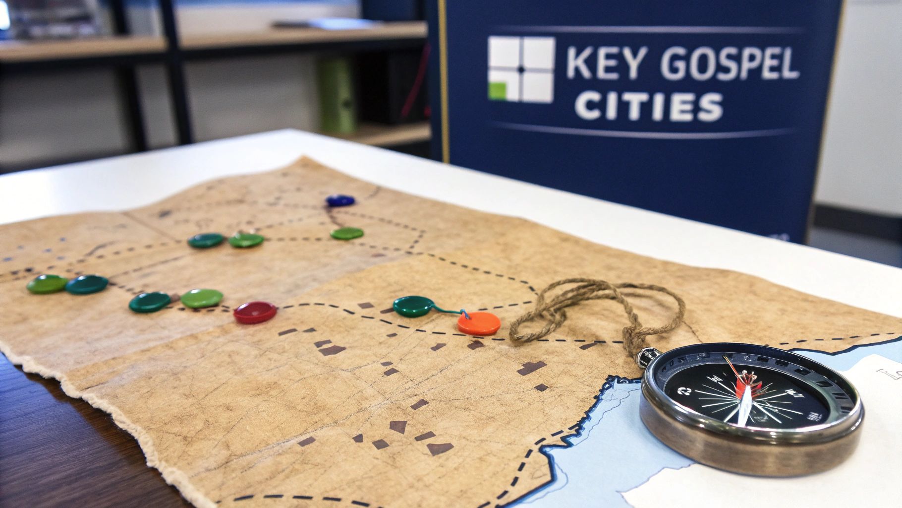 An ancient-looking map with colorful markers, a compass, and a 'Key Gospel Cities' banner in the background.