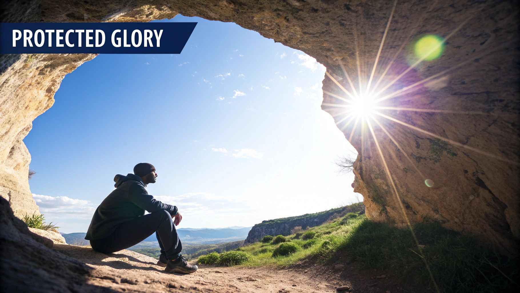A man sits inside a cave, looking out at a bright, sun-drenched valley with a clear sky.