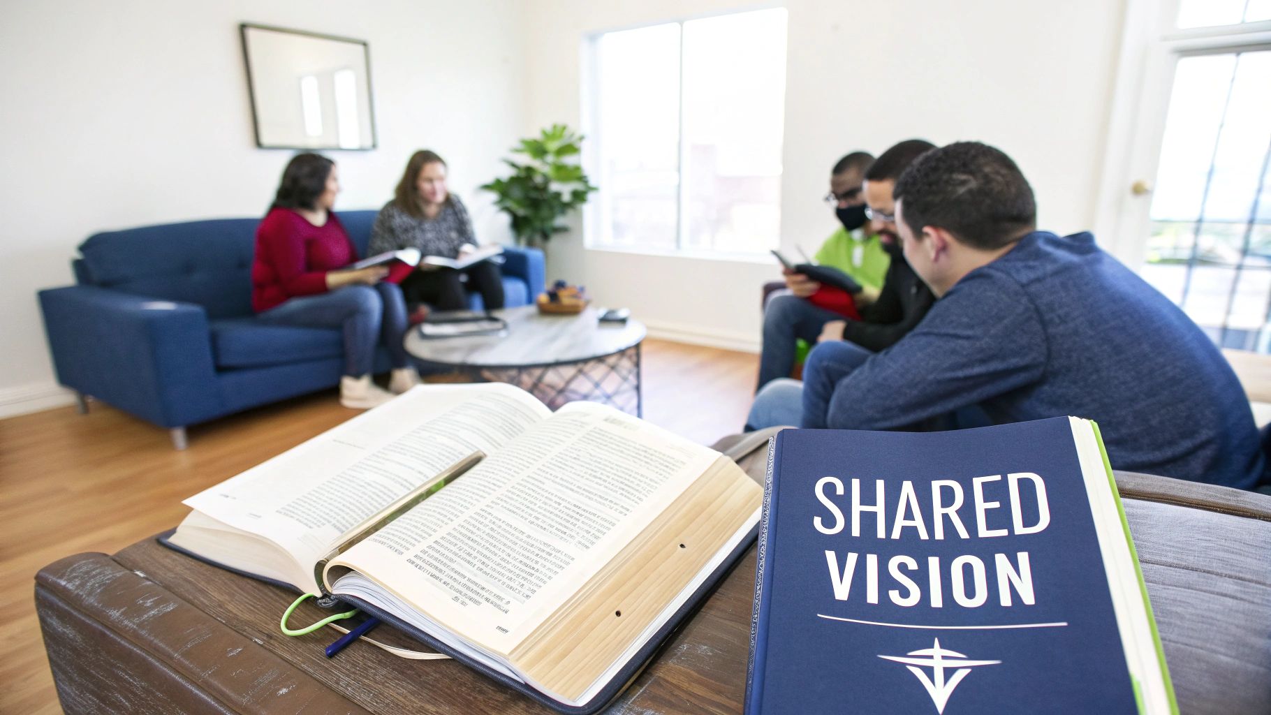A diverse small group of people discussing and reading books, including bibles, in a relaxed living room setting.