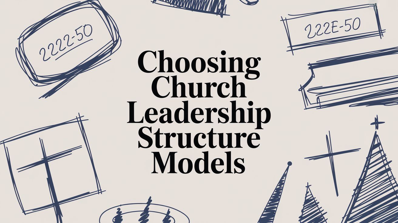 Illustrated graphic with hand-drawn sketches of crosses, church buildings, and abstract shapes on a light background, featuring the title 'Choosing Church Leadership Structure Models' in bold black text at the center.