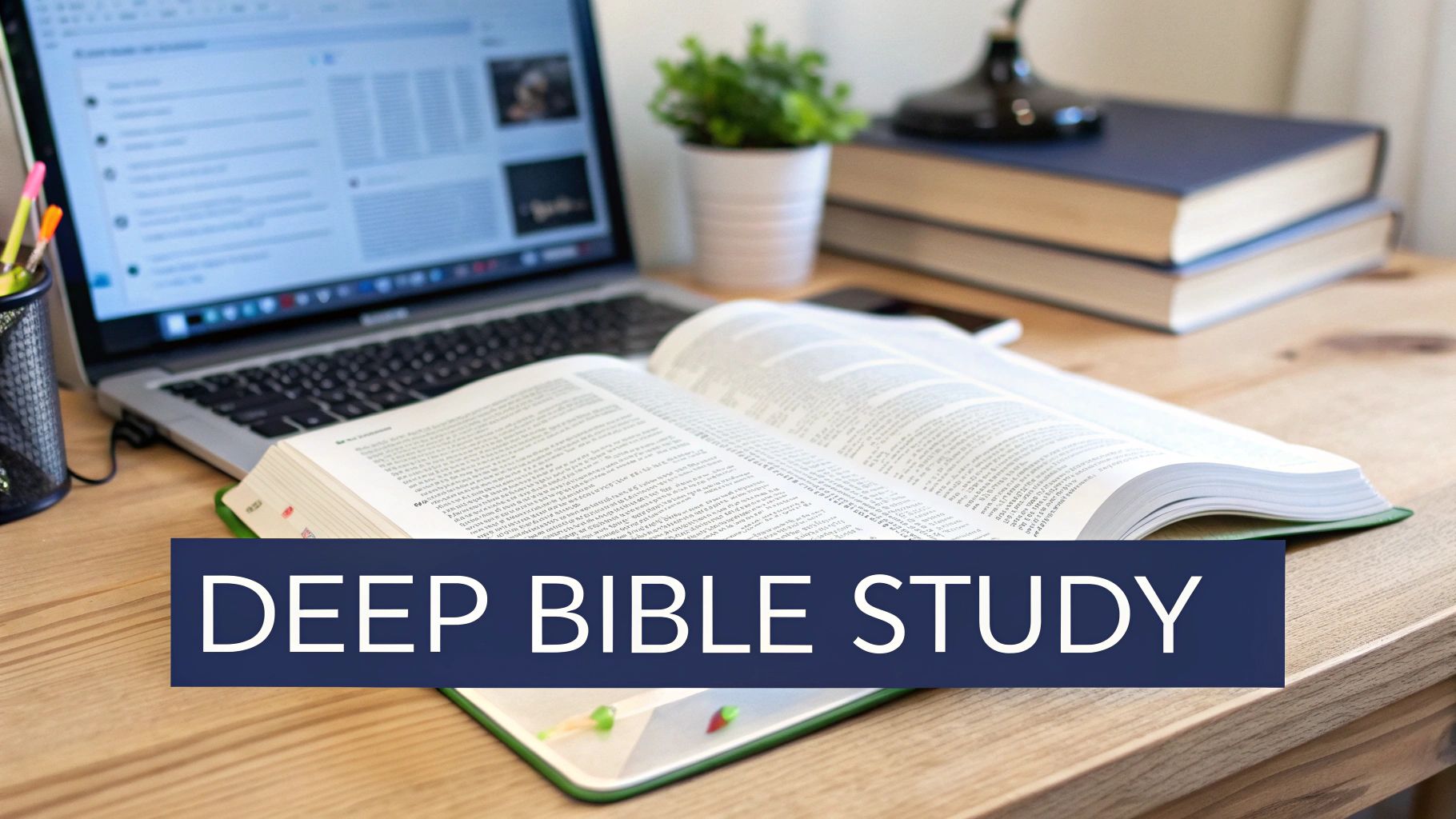 Open Bible on wooden desk with laptop and books for deep Bible study session