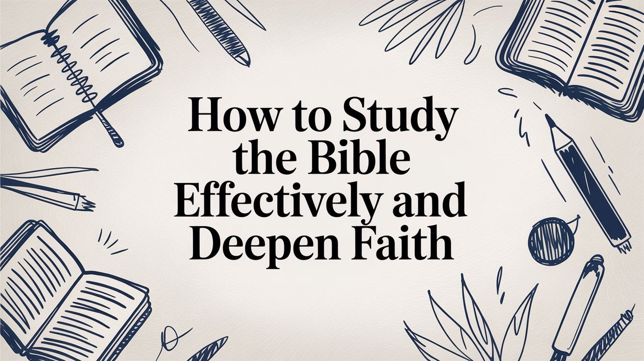 Illustrated graphic featuring open Bibles, notebooks, pencils, and leaves drawn in navy blue on a light textured background, with the title 'How to Study the Bible Effectively and Deepen Faith' displayed in bold black text at the center.