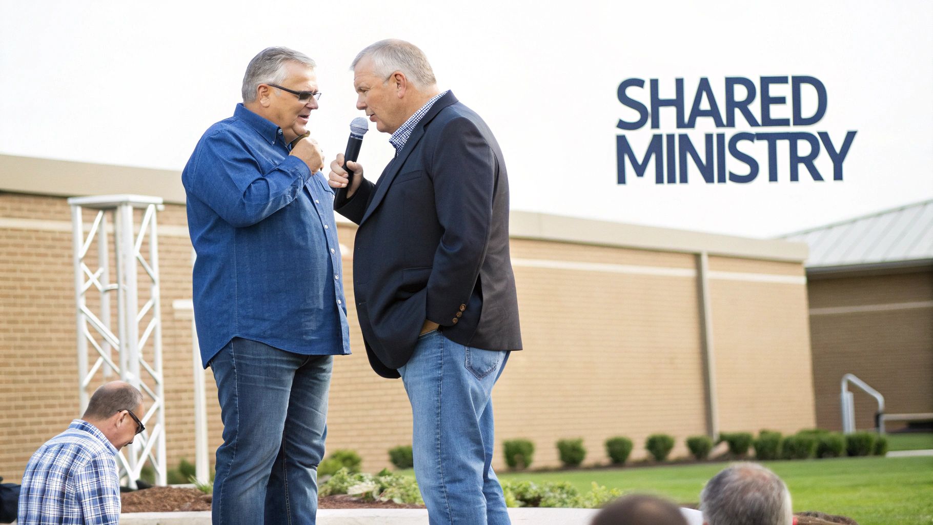 Two men speak into microphones at an outdoor event under a 'Shared Ministry' sign.