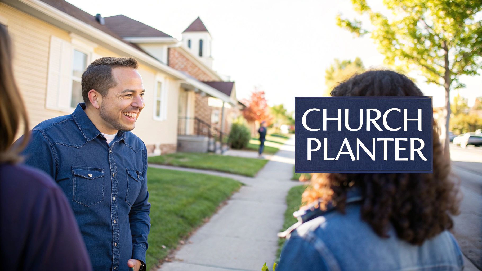 A smiling man talks to another person on a sidewalk in front of houses, with a 'CHURCH PLANTER' sign overlay.