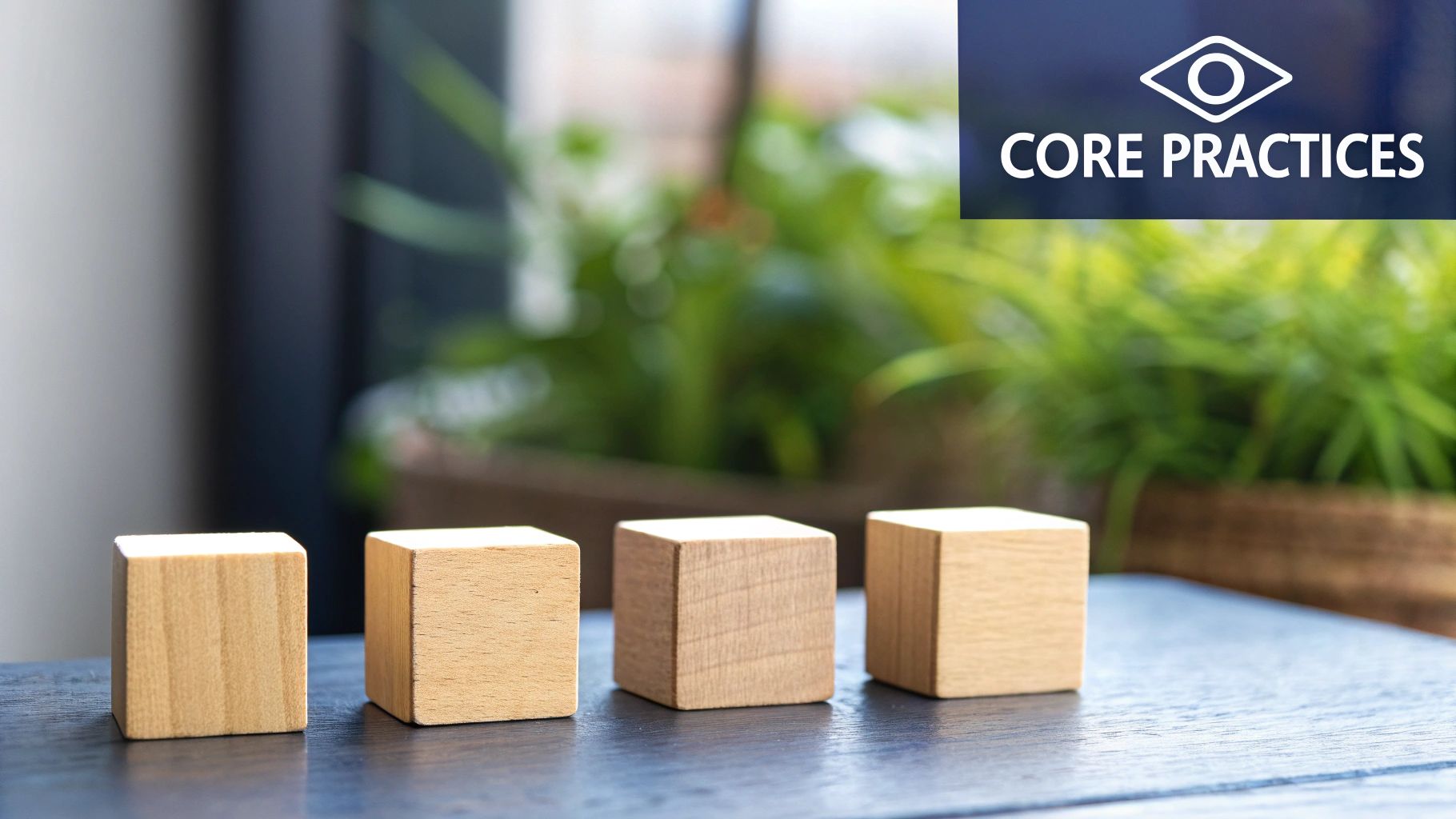 Four wooden blocks on a dark table, with 'CORE PRACTICES' banner in the corner.