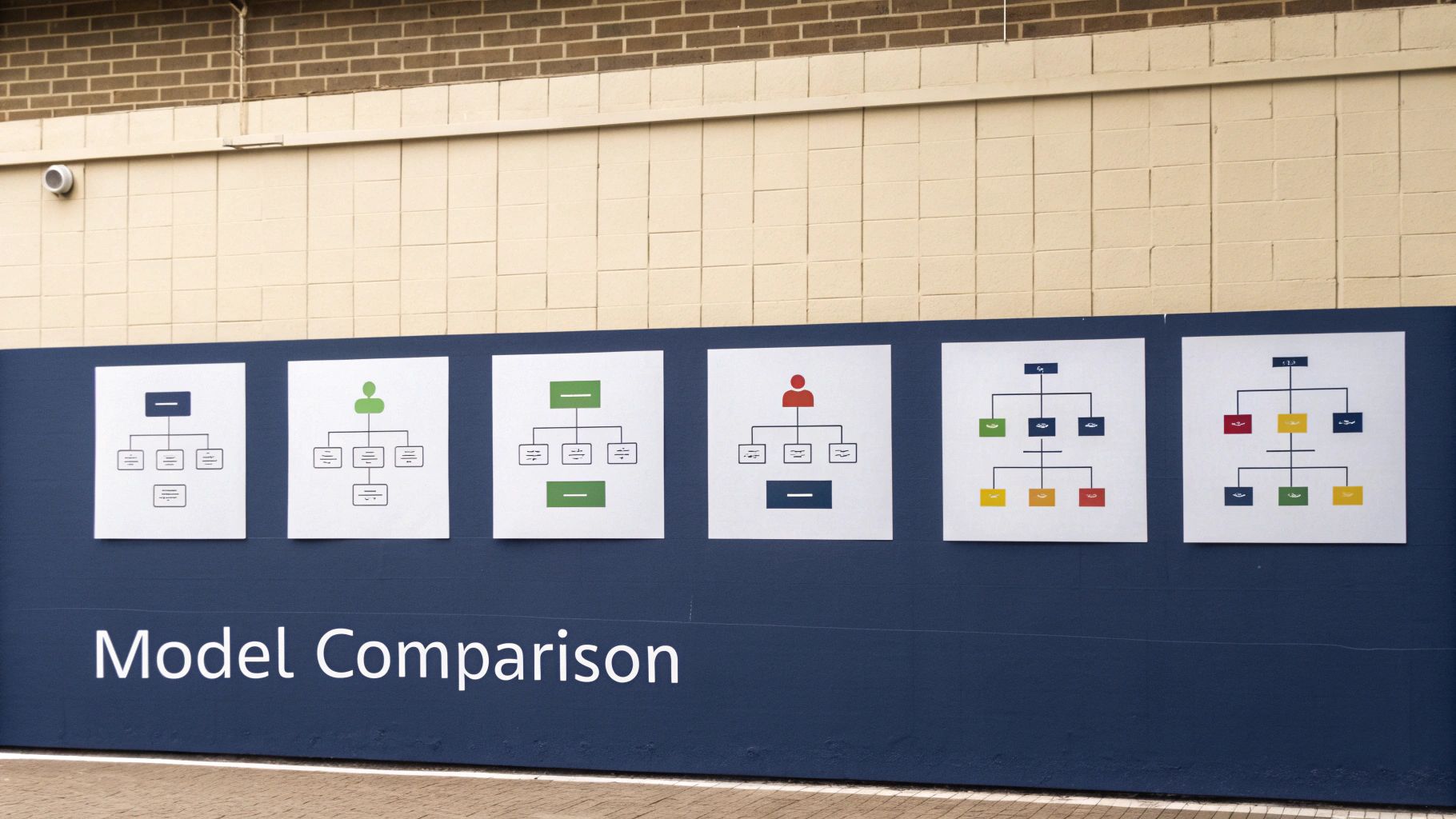 Six different organizational charts or models displayed for comparison on a dark blue wall.