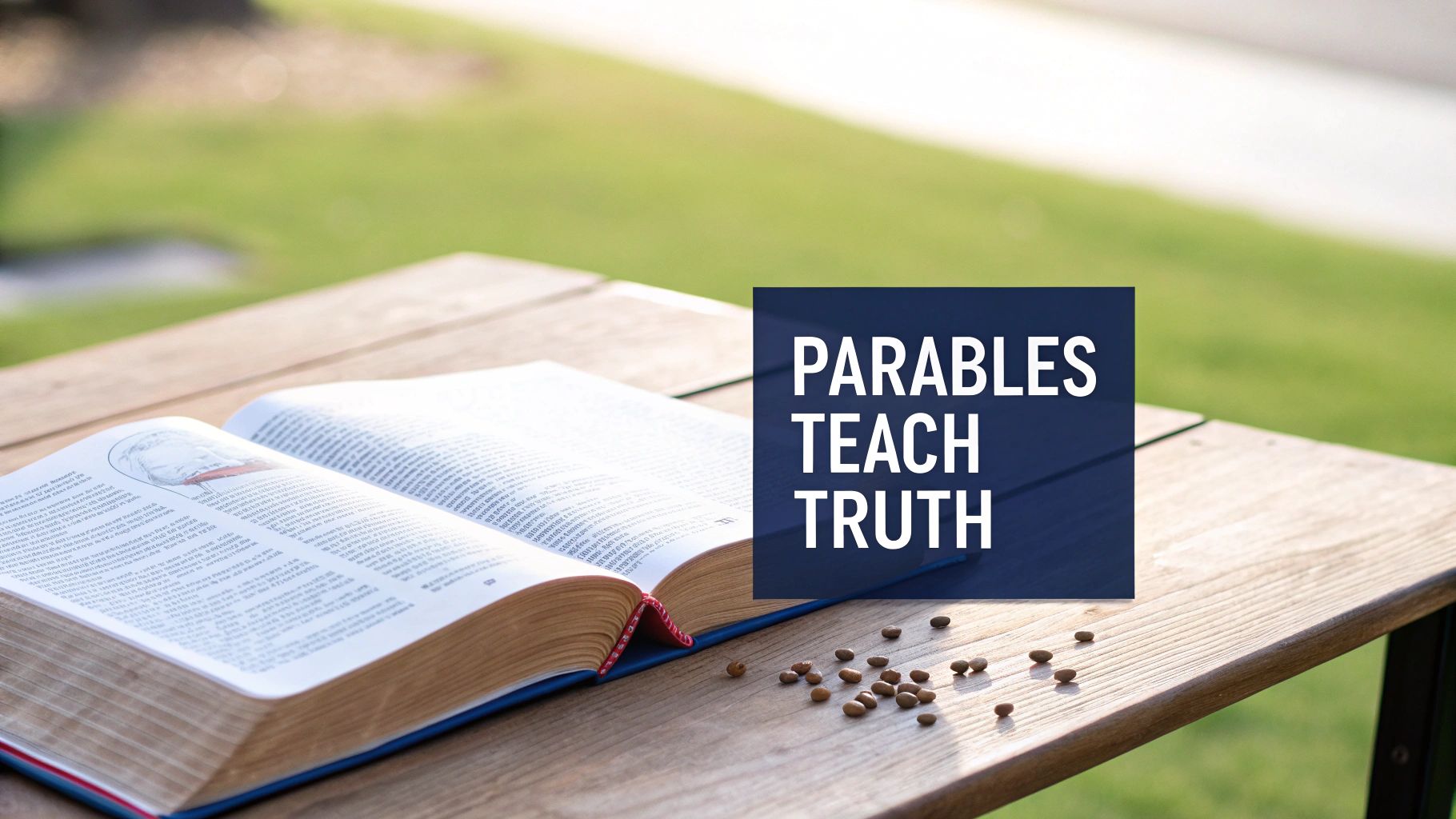 Open Bible on wooden table with mustard seeds and text reading Parables Teach Truth