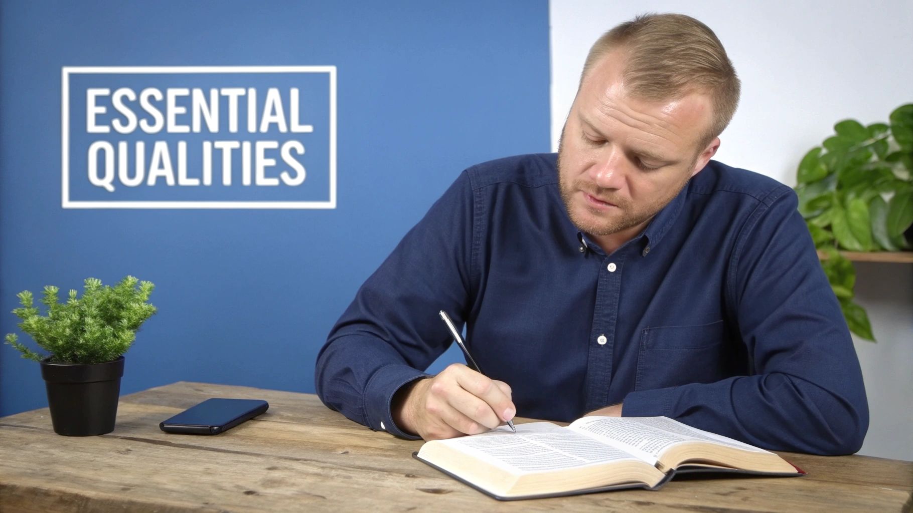Man in a blue shirt writing notes in an open book at a wooden desk.