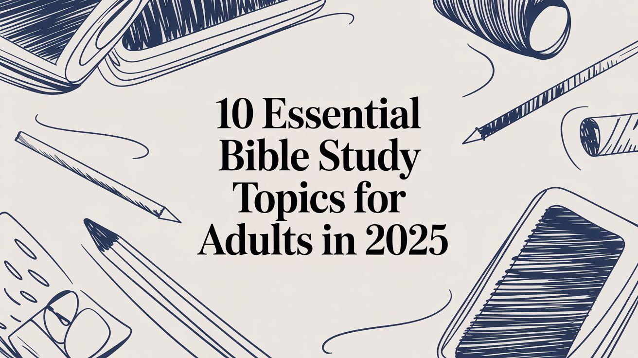 A beige background graphic with hand-drawn navy sketches of pencils, notebooks, and stationery surrounding centered bold text that reads “10 Essential Bible Study Topics for Adults in 2025.” The design has a clean, modern look and visually represents learning, study, and Christian educational resources.