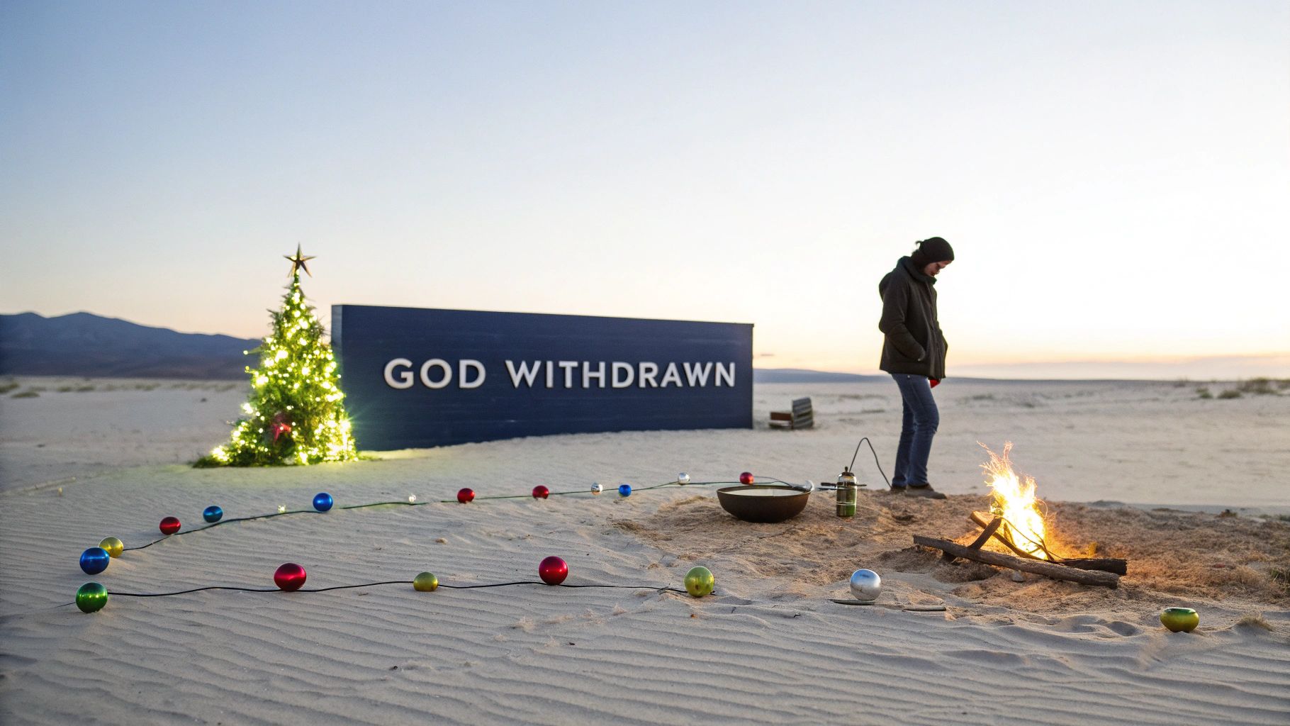 A person stands by a small campfire in a desolate landscape with a lighted Christmas tree and a "GOD WITHDRAWN" sign.