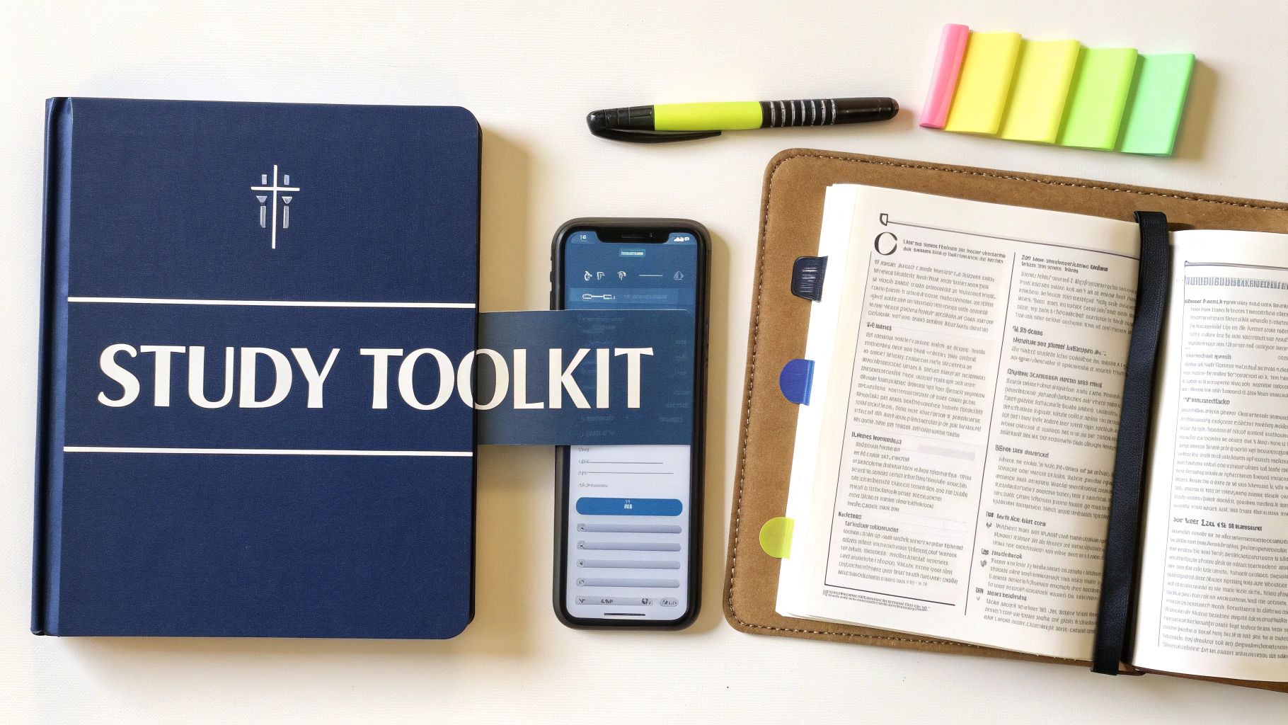 Bible study toolkit with navy journal, smartphone, highlighter, sticky notes, and open bible on desk