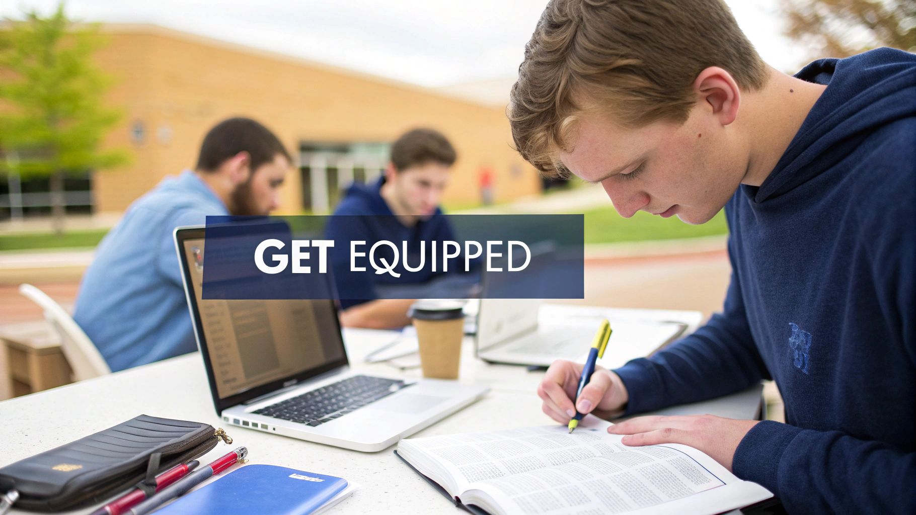 Three male students studying outdoors with laptops and books, focused on their studies.