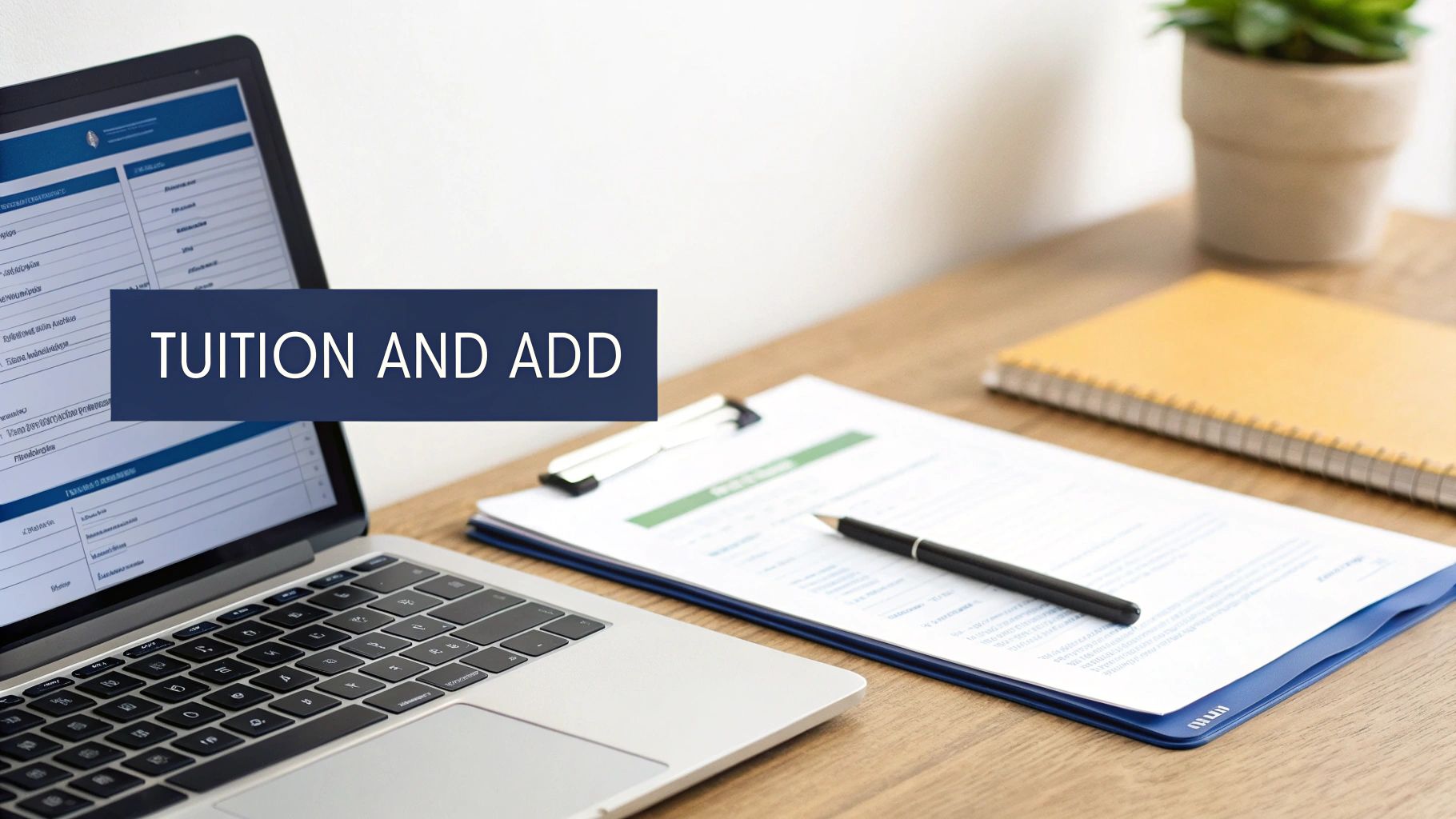 Laptop displaying tuition spreadsheet with documents, pen, and notebook on wooden desk workspace