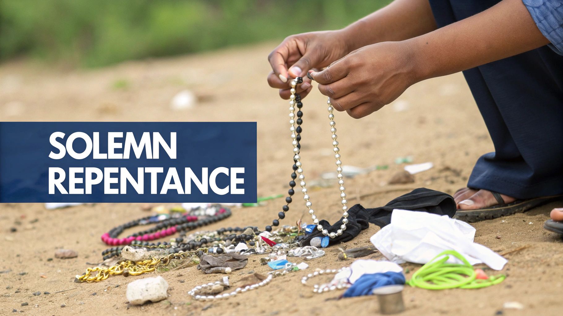 Hands holding black and white beaded necklaces over a pile of jewelry and items on sandy ground with 'Solemn Repentance' text.