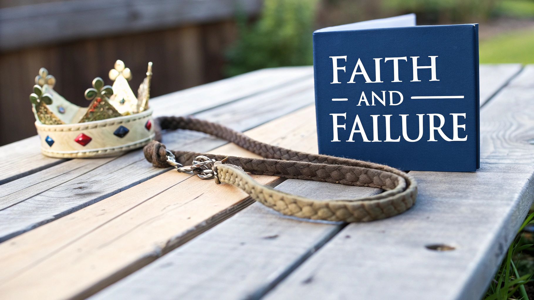 Faith and failure book with crown and rope on wooden surface symbolizing spiritual journey