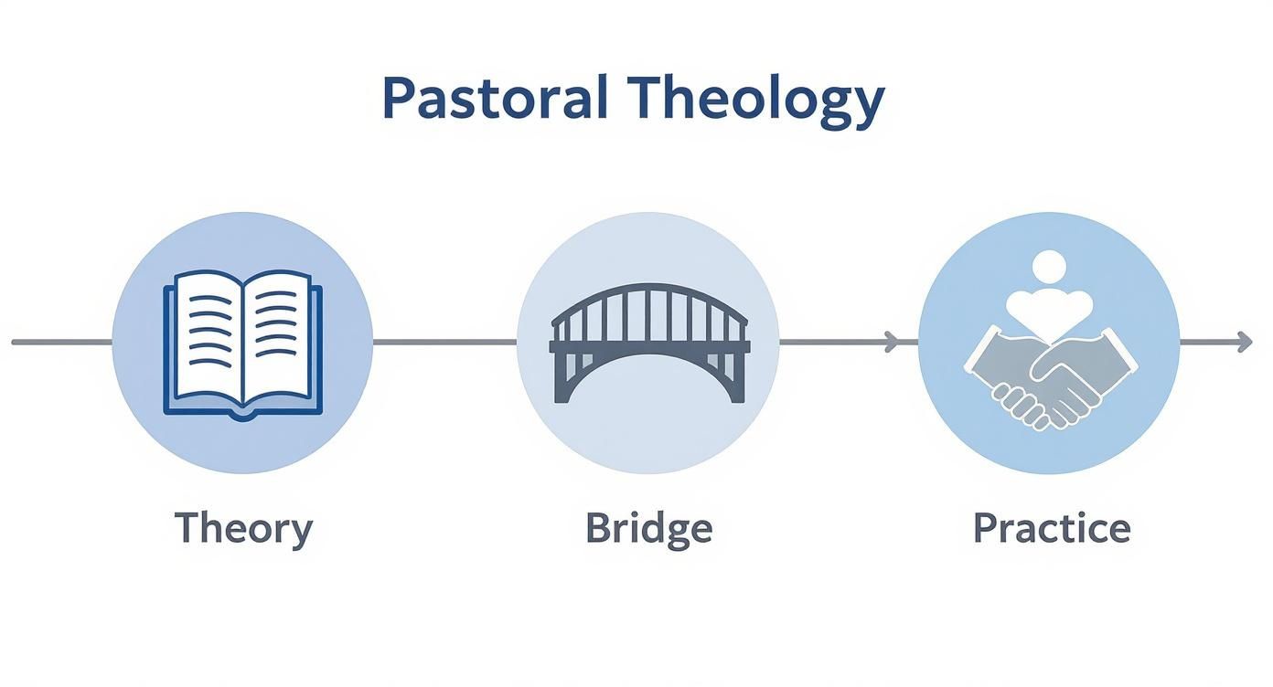 Diagram illustrates Pastoral Theology's journey: Theory (book), connected by a Bridge, leading to Practice (handshake).