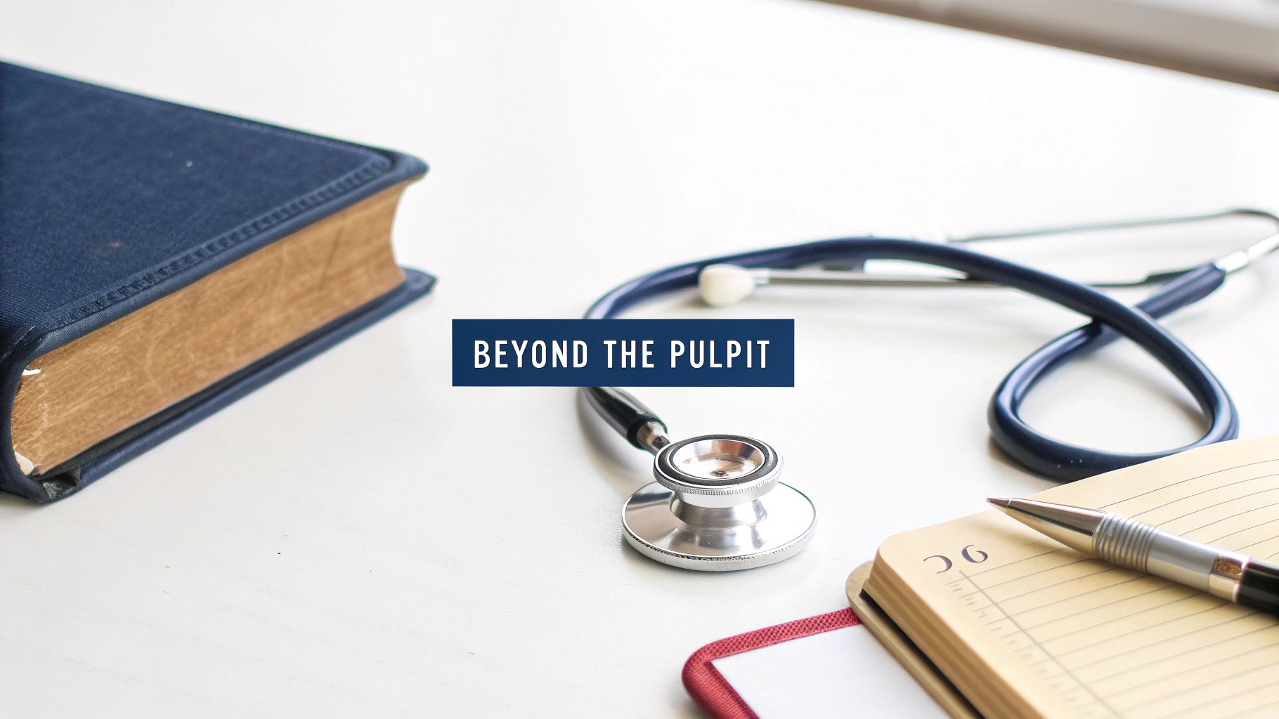 Medical stethoscope with books and notebook representing theological education and ministry preparation
